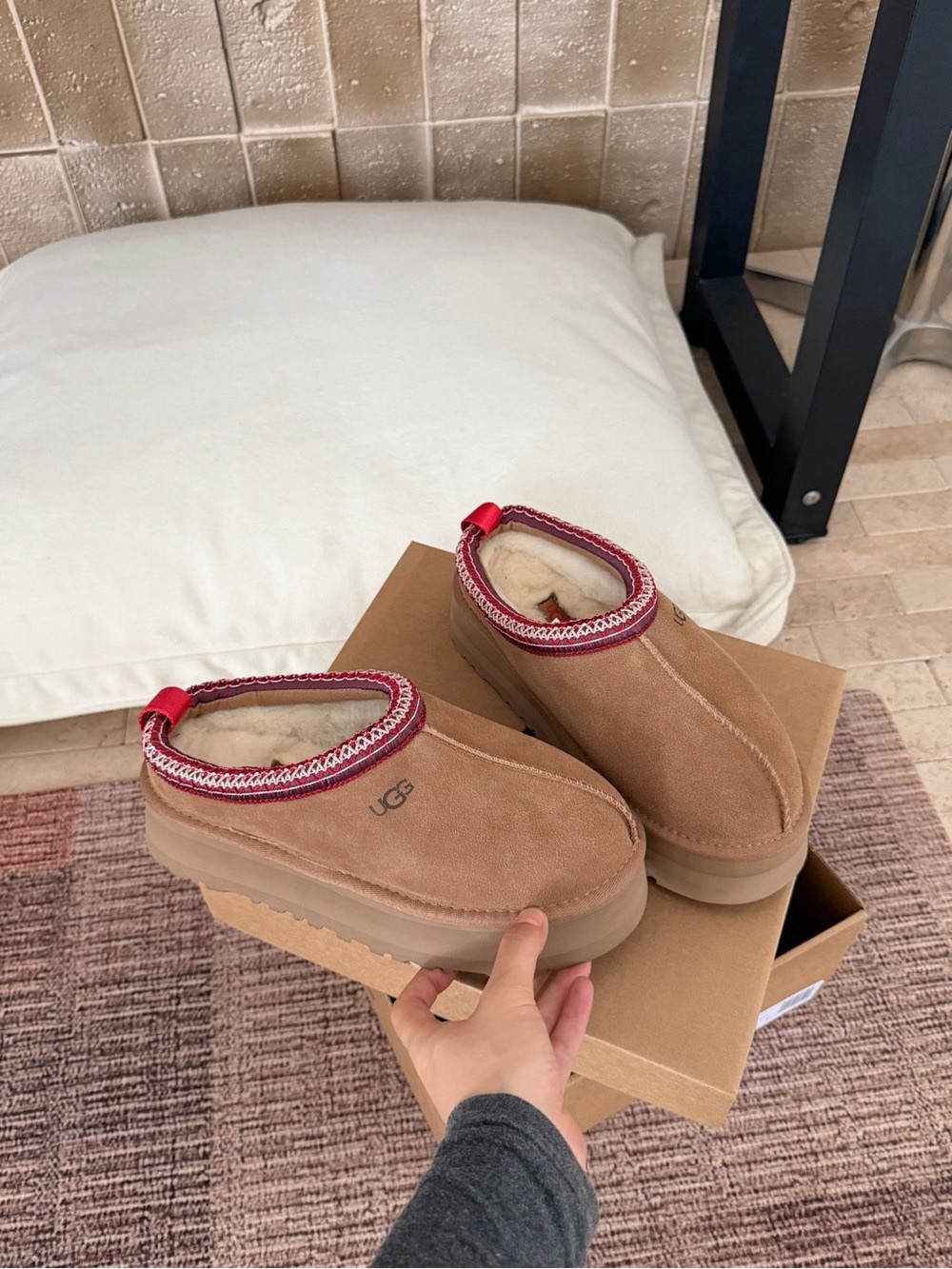 UGG Chestnut Suede Shearling Mule with Red Accent